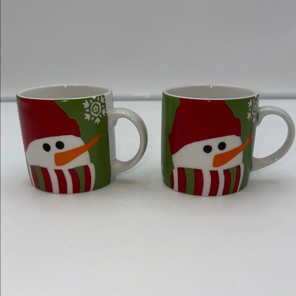 Crate&Barrel Snowman Holiday Mugs - Red, Green, White - set of 2